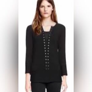 Tory Burch Women’s Merino Wool Long Sleeve Tunic with Studded Detail, L, Black.